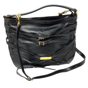 Burberry Bridle Dutton Hobo Bag Leather Double Belted Gold Buckle Black
